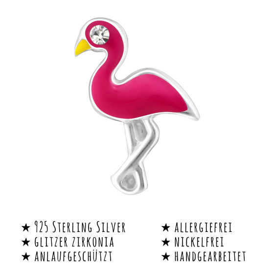 Das Bild mit Beschreibung zeigt Kinder Ohrringe Flamingo Ohrstecker aus 925 Sterling Silver echt Silber mit 2 Kristallen