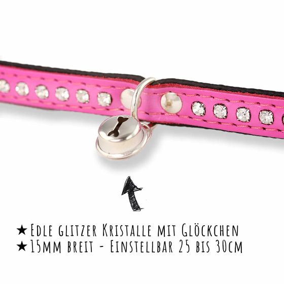 Katzenhalsband aus Leder mit Strasssteinen pink