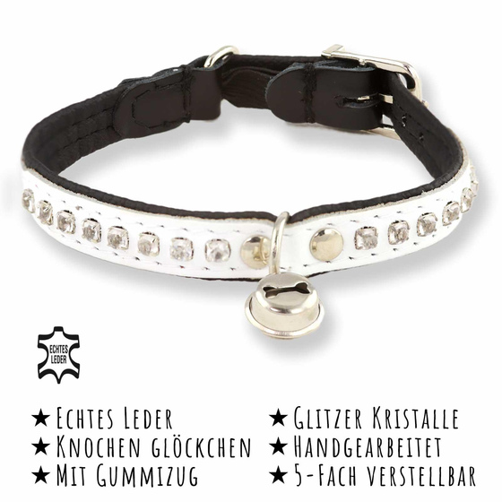 Das Bild mit Beschreibung zeigt ein Katzenhalsband aus Leder mit Strasssteinen und Glocke in wei�