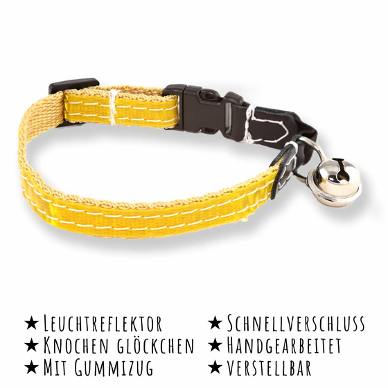Das Bild mit Beschreibung zeigt ein Katzenhalsband mit Reflektor, Glocke und Sicherheitsgummiband in gelb