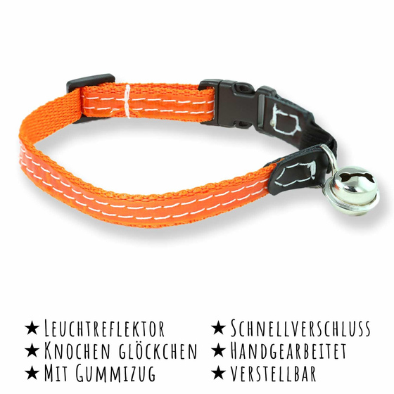 Das Bild mit Beschreibung zeigt ein Katzenhalsband mit Reflektor, Glocke und Sicherheitsgummiband in orange