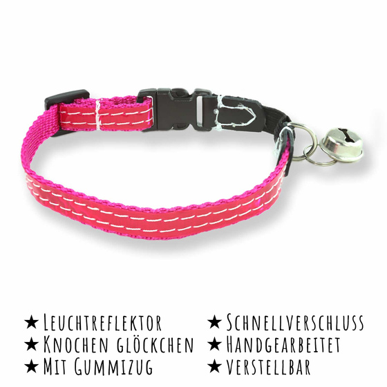 Das Bild mit Beschreibung zeigt ein Katzenhalsband mit Reflektor, Glocke und Sicherheitsgummiband in pink