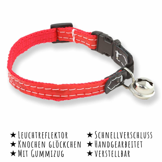 Das Bild mit Beschreibung zeigt ein Katzenhalsband mit Reflektor, Glocke und Sicherheitsgummiband in rot
