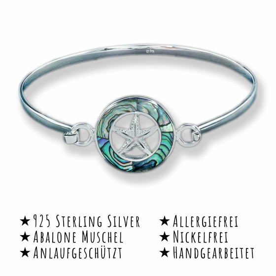 Das Bild mit Beschreibung zeigt ein Maritimer Seestern Armreifen aus 925 Sterling Silver echt Silber