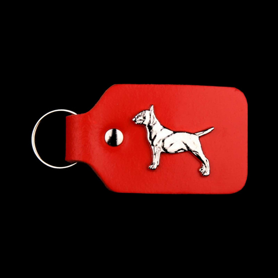 Auf dem Bild zu sehen ist ein Bullterrier Hund aus Leder in rot als Schlsselanhnger Figur