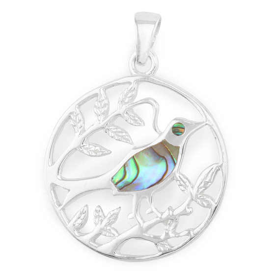 Auf dem Bild zu sehen ist ein Damen Anhänger mit einem Vogel im Baum aus 925 Sterling Silver echt Silber mit Perlmutt