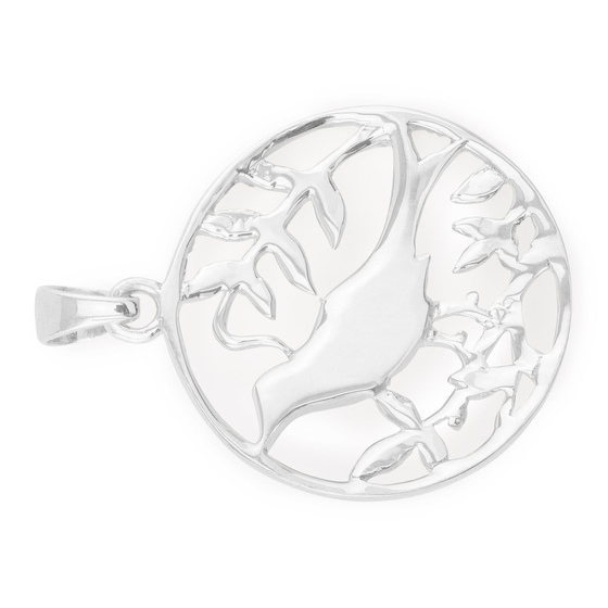 Das Bild mit Beschreibung zeigt ein Damen Anhnger mit einem Vogel im Baum aus 925 Sterling Silver echt Silber mit Perlmutt