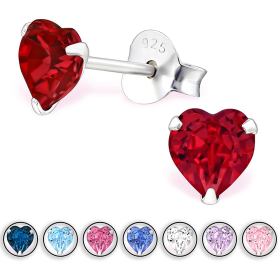 Auf dem Bild zu sehen ist ein Kinder Ohrringe rote Herz Ohrstecker aus 925 Sterling Silver echt Silber mit 2 Swarovski Kristallen