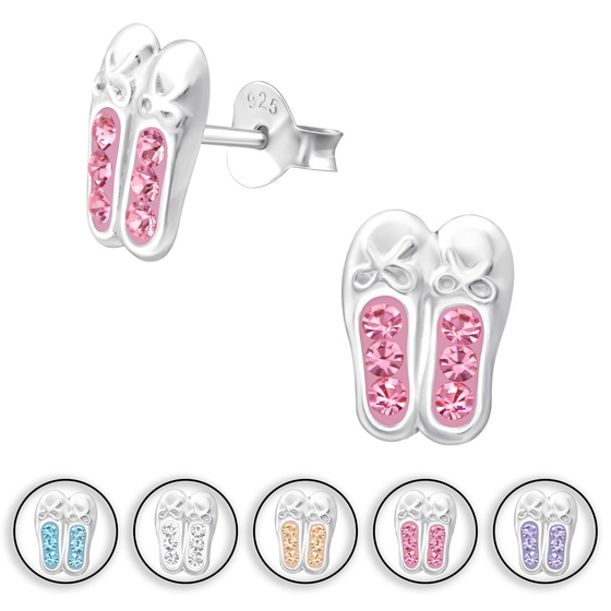 Auf dem Bild zu sehen ist ein Kinder Ohrringe Schuhe Ballerina Ohrstecker aus 925 Sterling Silver echt Silber mit 12 Kristallen