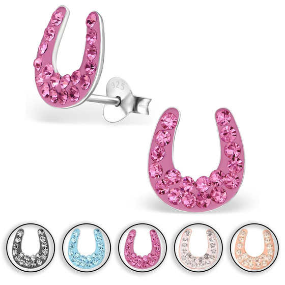 Auf dem Bild zu sehen ist ein Kinder Ohrringe Hufeisen Glücksbringer Ohrstecker aus 925 Sterling Silver echt Silber mit 36 Kristallen