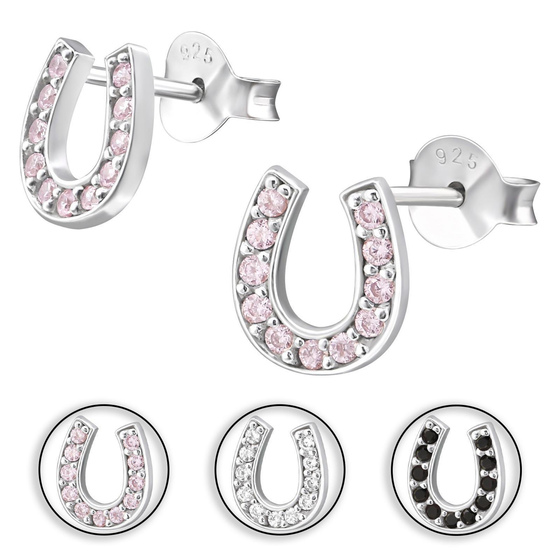Auf dem Bild zu sehen ist ein Kinder Ohrringe kleine Hufeisen Glücksbringer Ohrstecker aus 925 Sterling Silver echt Silber mit 22 Kristallen