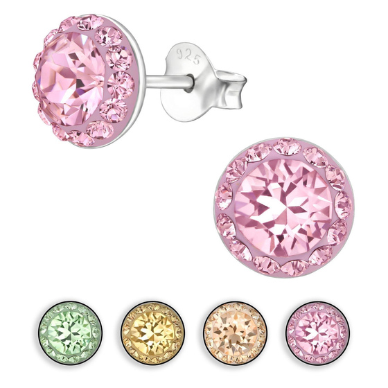 Auf dem Bild zu sehen ist ein Kinder Ohrringe Runde Ohrstecker aus 925 Sterling Silver echt Silber mit 28 Swarovski Kristallen