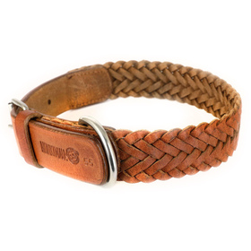 Auf dem Bild ist ein Hundehalsband aus Leder geflochten...
