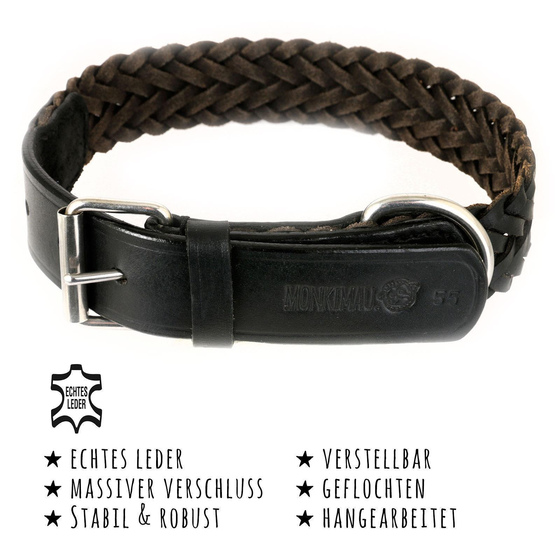 Das Bild mit Beschreibung zeigt ein Lederhalsband fr Hunde aus echt Leder geflochten und verstellbar in der Farbe schwarz Gre M
