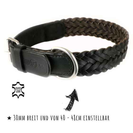 Hundehalsband aus Leder geflochten schwarz L