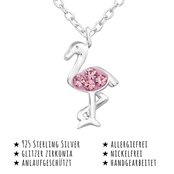 Das Bild mit Beschreibung zeigt eine Kinder Halskette Flamingo Anhnger aus 925 Sterling Silver echt Silber mit 4 Rosa Kristallen 45cm lnge