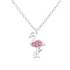 Auf dem Bild zu sehen ist eine Kinder Halskette Flamingo Anhänger aus 925 Sterling Silver echt Silber mit 4 Rosa Kristallen 45cm länge