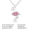 Das Bild mit Beschreibung zeigt eine Kinder Halskette Flamingo Anhänger aus 925 Sterling Silver echt Silber mit 4 Rosa Kristallen 45cm länge