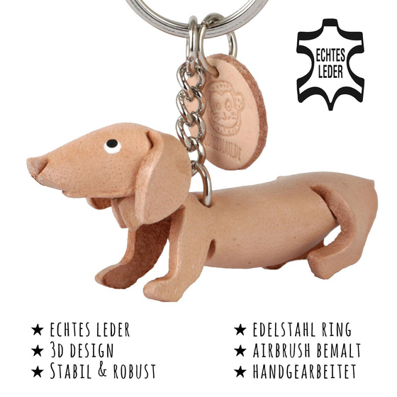 Das Bild mit Beschreibung zeigt ein Dackel Hund aus Leder