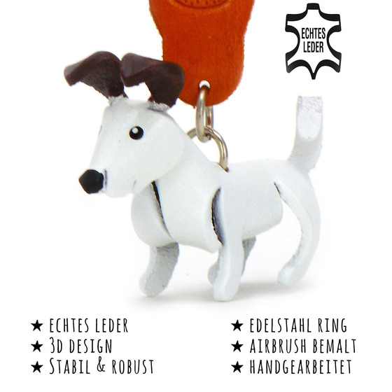 Das Bild mit Beschreibung zeigt ein Jack Russell Terrier Hund aus Leder