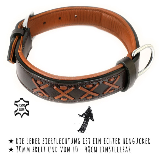 Hundehalsband aus Leder braun Zierflechtung M