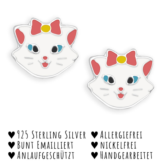 Das Bild mit Beschreibung zeigt Kinderohrringe Katze mit Schleife Ohrstecker aus 925 Sterling Silber emailiert mit pinker weier Farbe