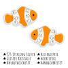 Das Bild mit Beschreibung zeigt Kinderohrringe Anemonenfisch Ohrstecker aus 925 Sterling Silber emailiert mit oranger weißer Farbe