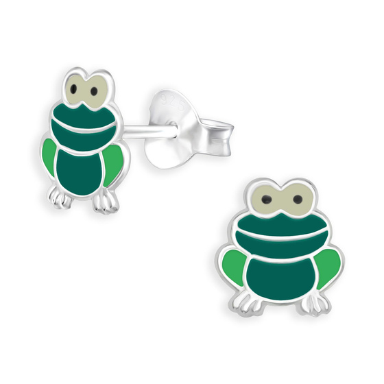 Auf dem Bild zu sehen sind Kinderohrringe Frosch Ohrstecker aus 925 Sterling Silber emailiert mit gner Farbe