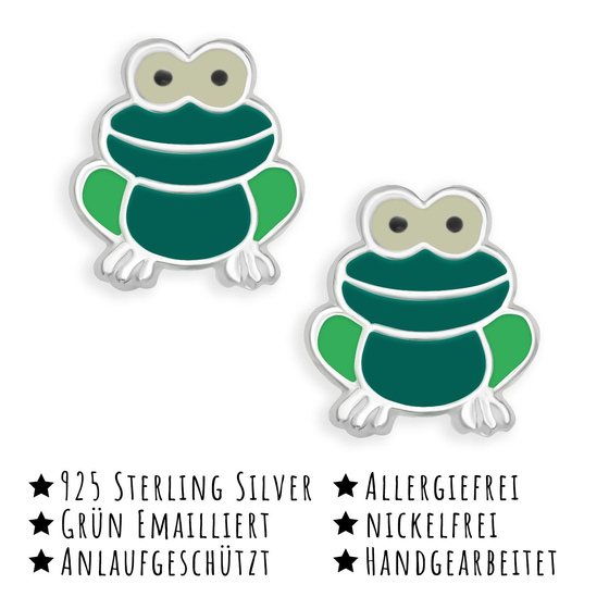 Das Bild mit Beschreibung zeigt Kinderohrringe Frosch Ohrstecker aus 925 Sterling Silber emailiert mit gner Farbe