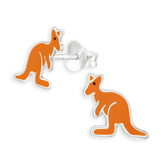 Auf dem Bild zu sehen sind Kinderohrringe Knguru Ohrstecker aus 925 Sterling Silber emailiert mit brauner Farbe