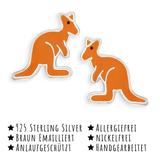 Das Bild mit Beschreibung zeigt Kinderohrringe Knguru Ohrstecker aus 925 Sterling Silber emailiert mit brauner Farbe