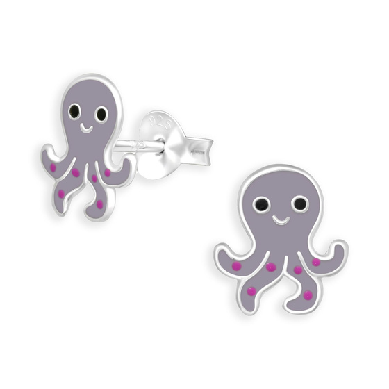 Auf dem Bild zu sehen sind Kinderohrringe Tintenfisch Ohrstecker aus 925 Sterling Silber emailiert mit lila Farbe
