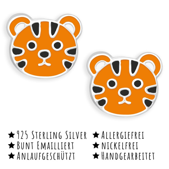 Das Bild mit Beschreibung zeigt Kinderohrringe Tiger Ohrstecker aus 925 Sterling Silber emailiert mit oranger Farbe