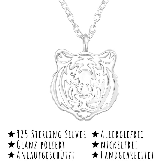 Das Bild mit Beschreibung zeigt Kettenanh�nger Tiger Halskette aus 925 Sterling Silber mit 45cm langer Kette