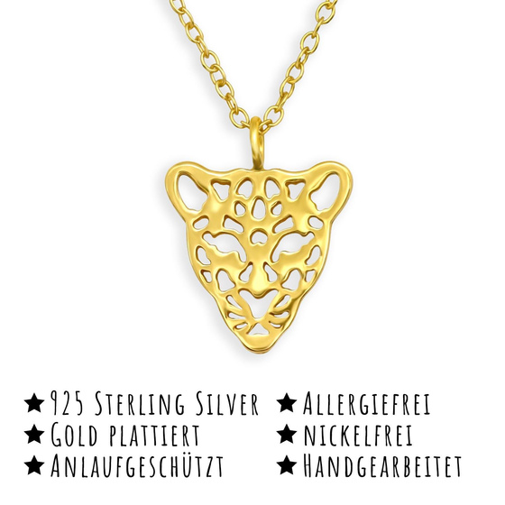 Das Bild mit Beschreibung zeigt Kettenanhnger Loepard Halskette aus 925 Sterling Silber Gold plattiert mit 45cm langer Kette
