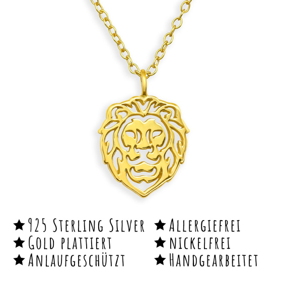 Das Bild mit Beschreibung zeigt Kettenanhnger Lwen Sternzeichen Halskette aus 925 Sterling Silber Gold plattiert mit 45cm langer Kette