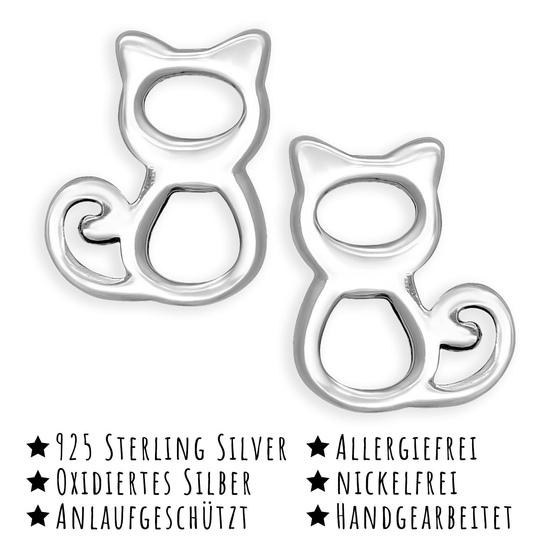 Das Bild mit Beschreibung zeigt Kinderohrringe Katzen Ohrstecker aus 925 Sterling Silber
