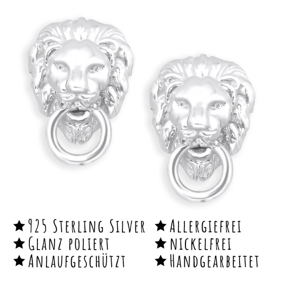 Das Bild mit Beschreibung zeigt L�wen T�r Klopfer Ohrstecker aus 925 Sterling Silber