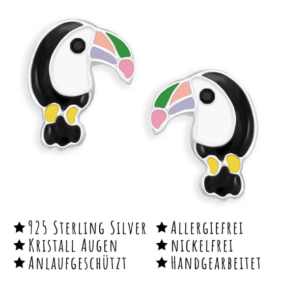 Das Bild mit Beschreibung zeigt Kinderohrringe Nashornvogel Ohrstecker aus 925 Sterling Silber emailiert mit bunten Farbe