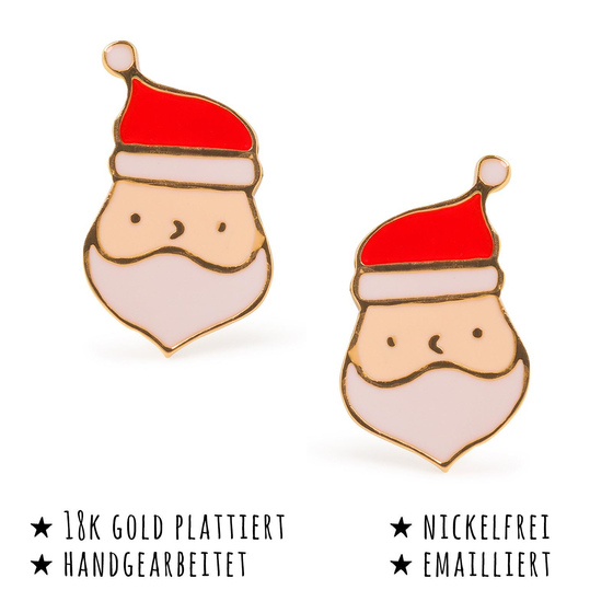 Das Bild mit Beschreibung zeigt Damen Ohrringe Weihnachtsmann Kopf Ohrstecker aus Messing Gold plattiert handbemalt