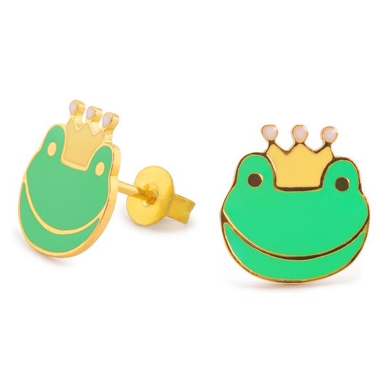 Auf dem Bild zu sehen sind Damen Ohrringe Frosch Knig Kopf Ohrstecker aus Messing Gold plattiert handbemalt