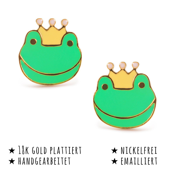 Das Bild mit Beschreibung zeigt Damen Ohrringe Frosch Knig Kopf Ohrstecker aus Messing Gold plattiert handbemalt
