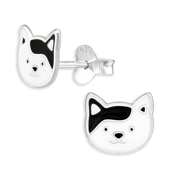 Katzen Ohrstecker fr Kinder aus 925 Silber - schwarz-wei emailliert