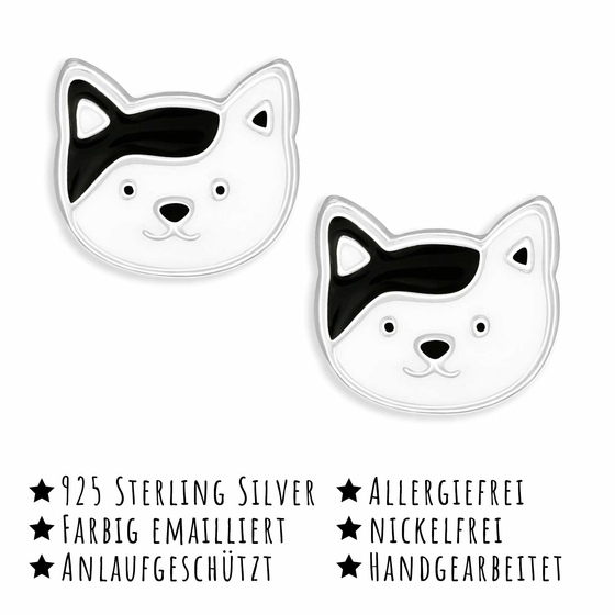 Katzen Ohrstecker fr Kinder aus 925 Silber - schwarz-wei emailliert