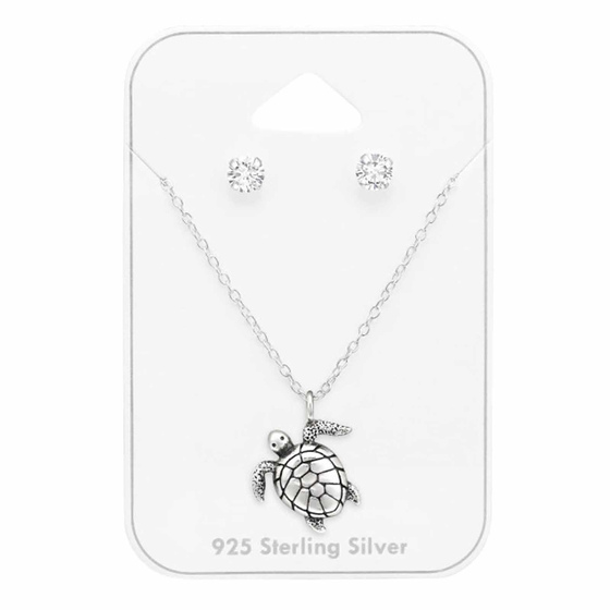 Exklusives Silber-Turtle-Set mit Zirkonia auf Karte | Eleganz trifft Natur