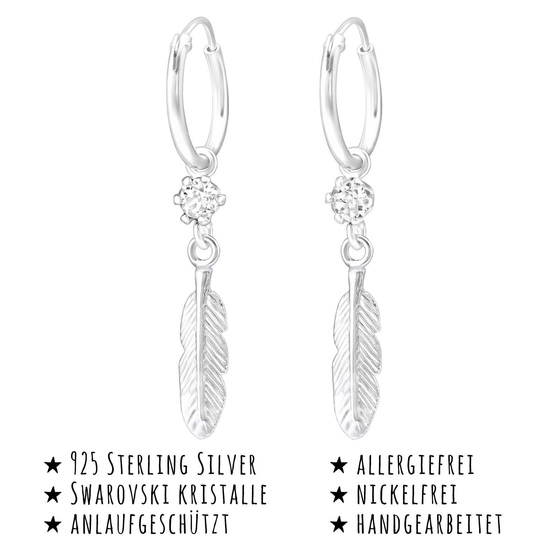 Das Bild mit Beschreibung zeigt Damen Ohrringe Feder Ohrhnger aus 925 Sterling Silver echt Silber mit Swarovski Kristallen