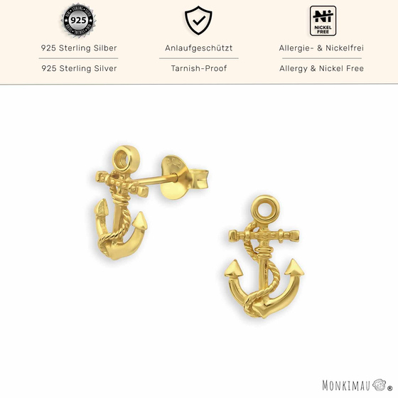 Kleine Anker Ohrstecker aus 925 Sterling Silber, goldbeschichtet | Maritimer Schmuck f�r Damen