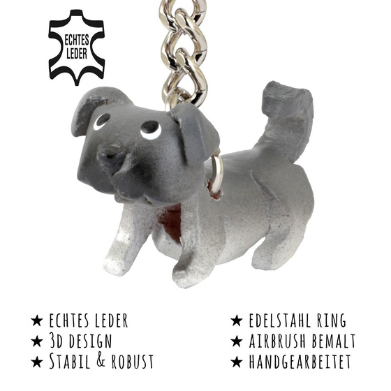 Das Bild mit Beschreibung zeigt ein niedlicher Mops Hund aus Leder