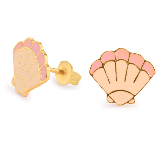 Auf dem Bild zu sehen sind Damen Ohrringe Muschel Ohrstecker aus Messing Gold plattiert handbemalt