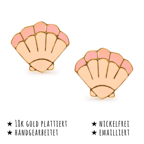 Das Bild mit Beschreibung zeigt Damen Ohrringe Muschel Ohrstecker aus Messing Gold plattiert handbemalt